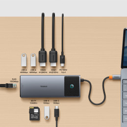 HUB 10in1 Baseus Metal Gleam II USB-C – HDMI 4K 120Hz / HDMI 4K 60Hz / USB-A 3.2 / 2x USB-A / USB-C 3.2 / RJ45 / SD, TF ...
