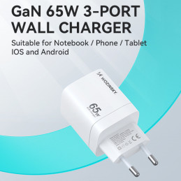 Wozinsky CGWCW 65W USB-A / 2 x USB-C GaN sieninis įkroviklis - baltas