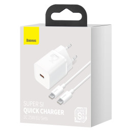 Baseus Si USB-C 25W 3A greitas įkroviklis su USB-C / USB-C 1m laidu - baltas