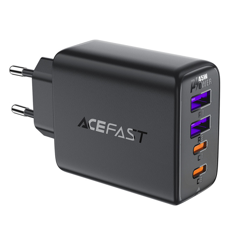 Acefast A61 PD 45W GaN įkroviklis 2 x USB-C + 2 x USB-A su 4 prievadais - juodas