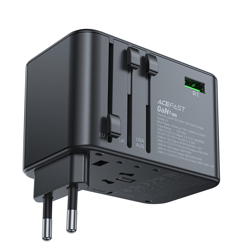 Acefast Z1 GaN 75W PD kelioninio įkroviklio adapteris 3x USB-C 2x USB-A - juodas