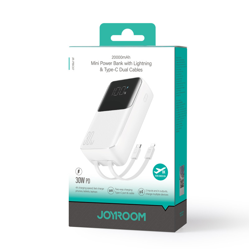 Joyroom JR-PBC07 20000mAh 30W mini maitinimo blokas su USB-C ir Lightning laidais – balta