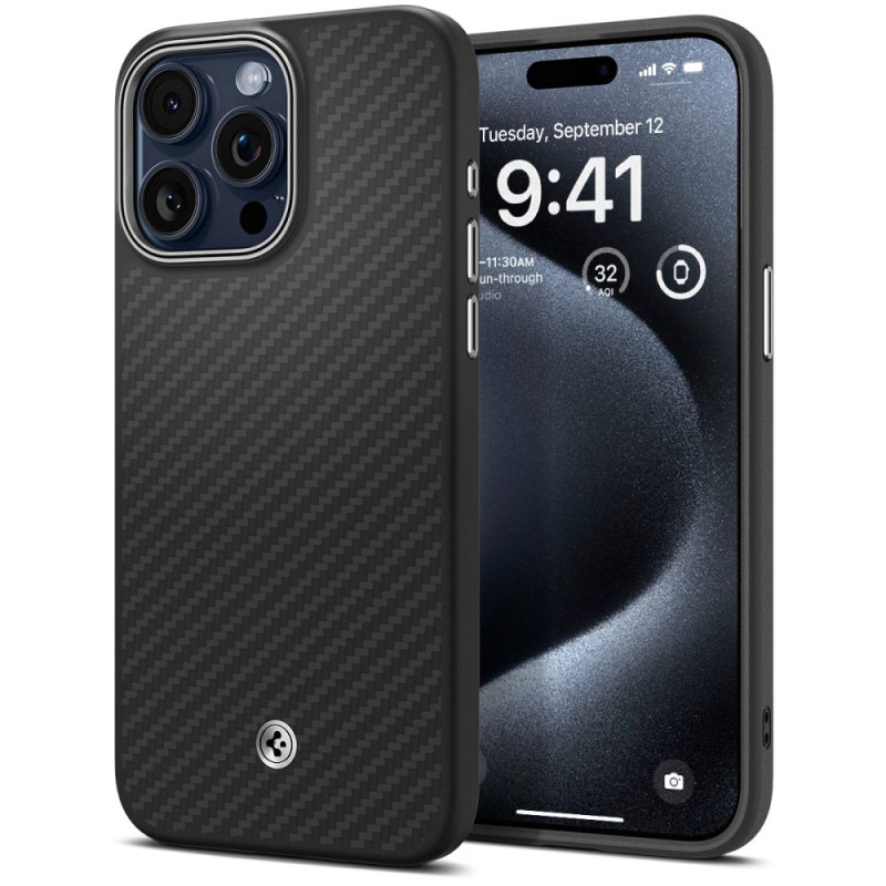 Spigen Enzo Aramid Mag dėklas su MagSafe, skirtas iPhone 15 Pro – matinė juoda