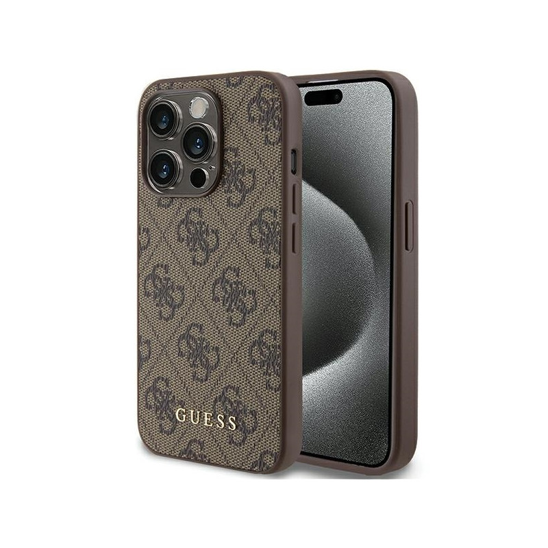 Guess 4G Metal Gold Logo dėklas, skirtas iPhone 15 Pro - rudas