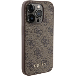 Guess 4G Metal Gold Logo dėklas, skirtas iPhone 15 Pro - rudas