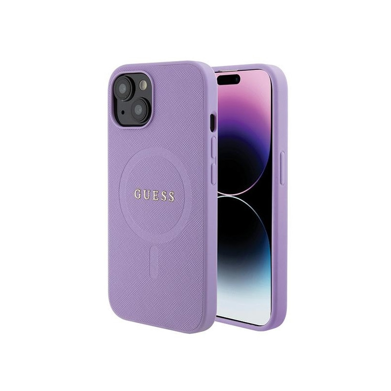 Guess Saffiano MagSafe dėklas iPhone 15 Plus - violetinis