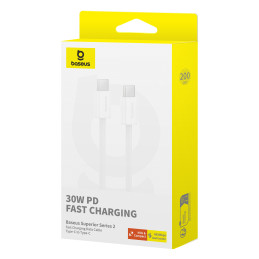 „Baseus Superior Series ll“ USB-C – USB-C 30 W 480 Mb/ s 2 m laidas – baltas
