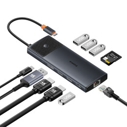 USB HUB 11in1 Baseus Metal Gleam Series II USB-A/ USB-C PD/ HDMI/ DP/ RJ45/ SD/ TF – juodas