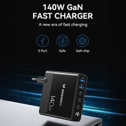 Wozinsky CGWCB 140W GaN sieninis įkroviklis 3 x USB-C / 2 x USB-A - juodas
