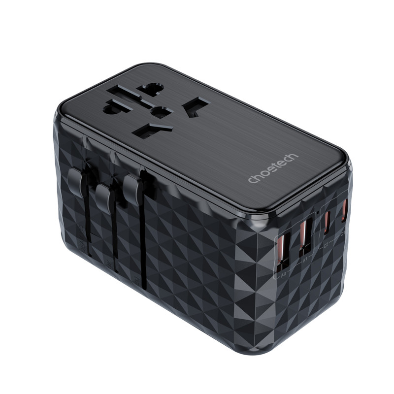 Choetech PD6028 EU / JAV / AUS / JK kelioninis adapteris 2x USB-C 2x USB-A 100W - juodas