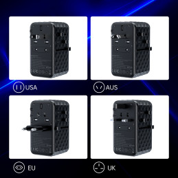 Choetech PD6028 EU / JAV / AUS / JK kelioninis adapteris 2x USB-C 2x USB-A 100W - juodas