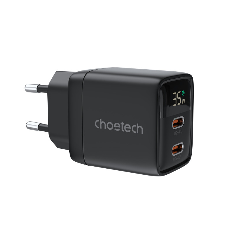 Choetech PD6051 USB-C USB-C PD 35W GaN sieninis įkroviklis su ekranu - juodas