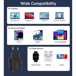 Choetech PD6051 USB-C USB-C PD 35W GaN sieninis įkroviklis su ekranu - juodas
