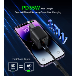 Choetech PD6051 USB-C USB-C PD 35W GaN sieninis įkroviklis su ekranu - juodas