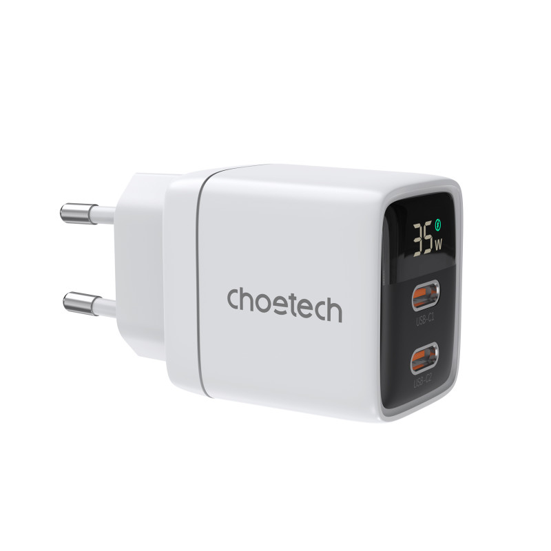 Choetech PD6051 2x USB-C PD 35W GaN sieninis įkroviklis su ekranu - baltas