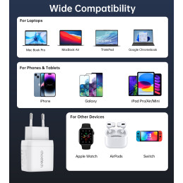 Choetech PD6051 2x USB-C PD 35W GaN sieninis įkroviklis su ekranu - baltas