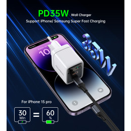 Choetech PD6051 2x USB-C PD 35W GaN sieninis įkroviklis su ekranu - baltas