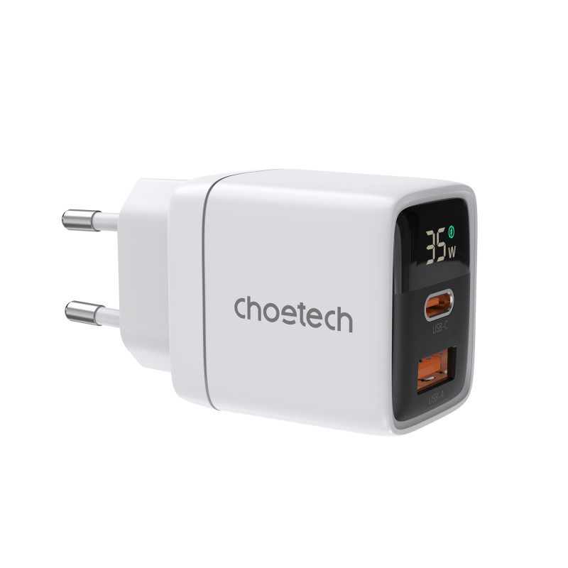 Choetech PD6052 USB-C USB-A PD 35W GaN sieninis įkroviklis su ekranu - baltas