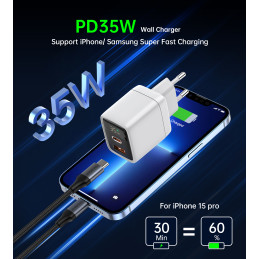 Choetech PD6052 USB-C USB-A PD 35W GaN sieninis įkroviklis su ekranu - baltas