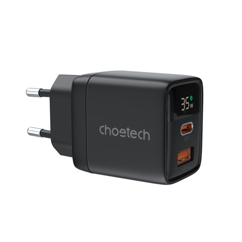 Choetech PD6052 USB-C USB-A PD 35W GaN sieninis įkroviklis su ekranu - juodas
