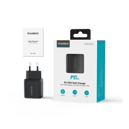 Choetech PD6052 USB-C USB-A PD 35W GaN sieninis įkroviklis su ekranu - juodas