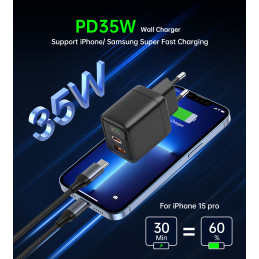 Choetech PD6052 USB-C USB-A PD 35W GaN sieninis įkroviklis su ekranu - juodas