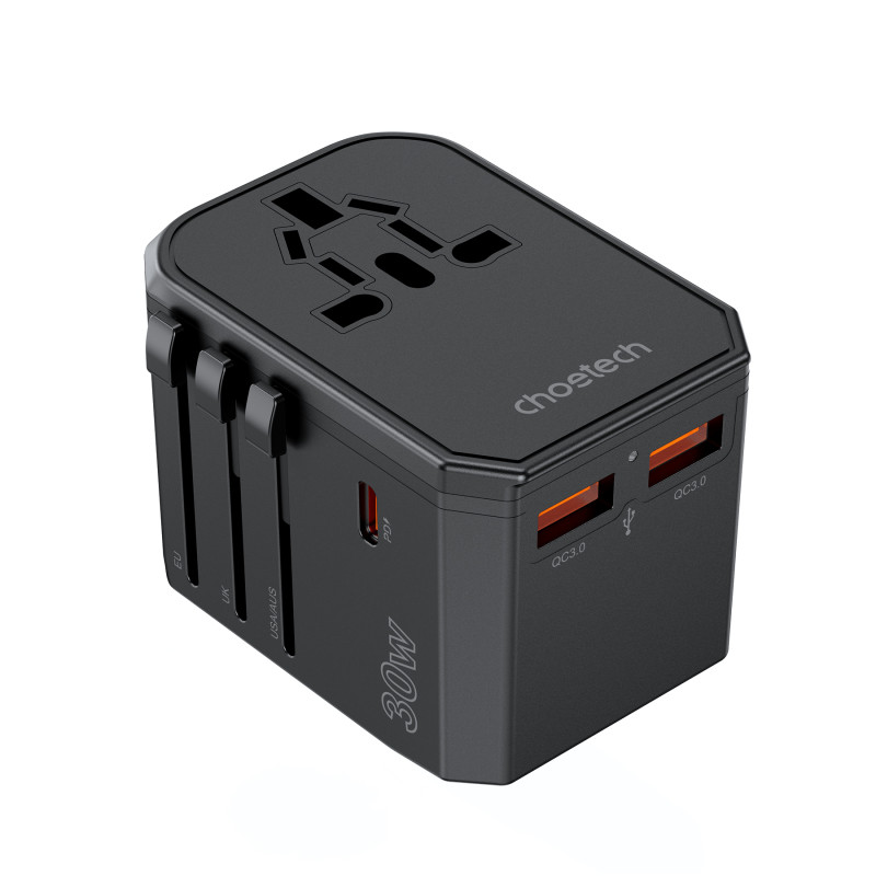 Choetech PD6041 USB-C USB-A PD 30W kelioninis įkroviklis su 4 US EU UK AU kištukais – juodas