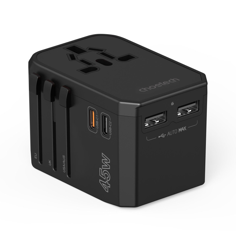 Choetech PD6045 USB-C USB-A 45W GaN kelioninis įkroviklis su JAV ES UK AU kištukais – juodas