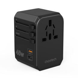 Choetech PD6045 USB-C USB-A 45W GaN kelioninis įkroviklis su JAV ES UK AU kištukais – juodas