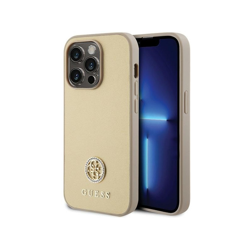 Guess Strass Metal Logo dėklas, skirtas iPhone 15 Pro - auksinis