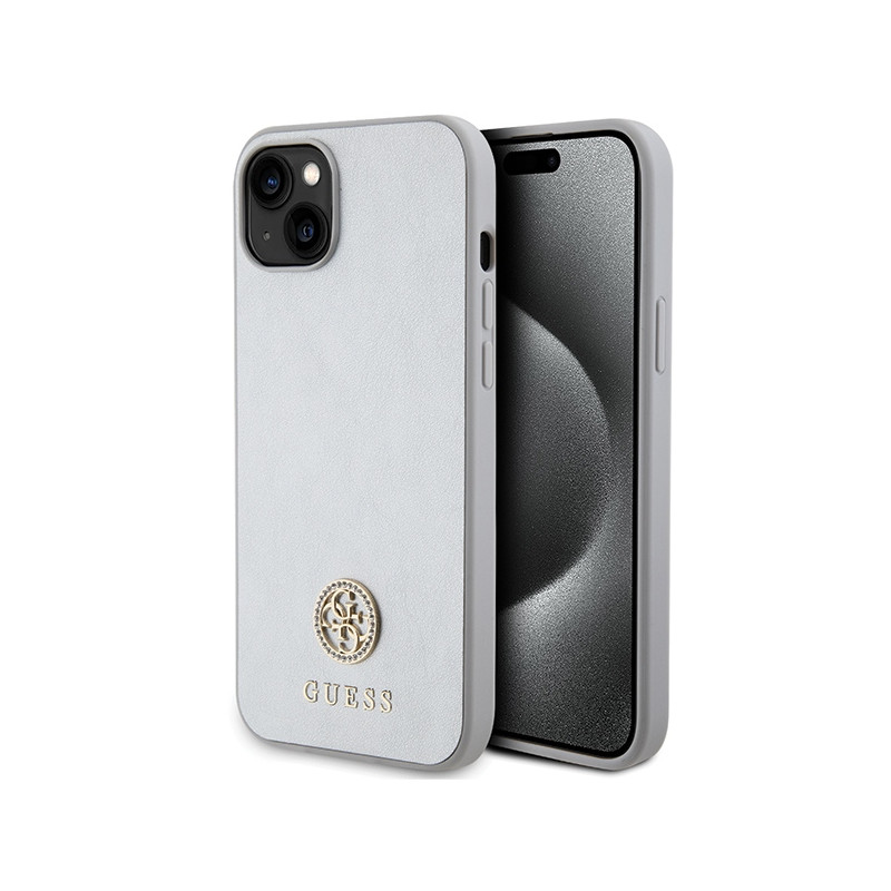 Guess Strass Metal Logo dėklas iPhone 15 - sidabrinis