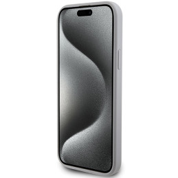 Guess Strass Metal Logo dėklas iPhone 15 - sidabrinis