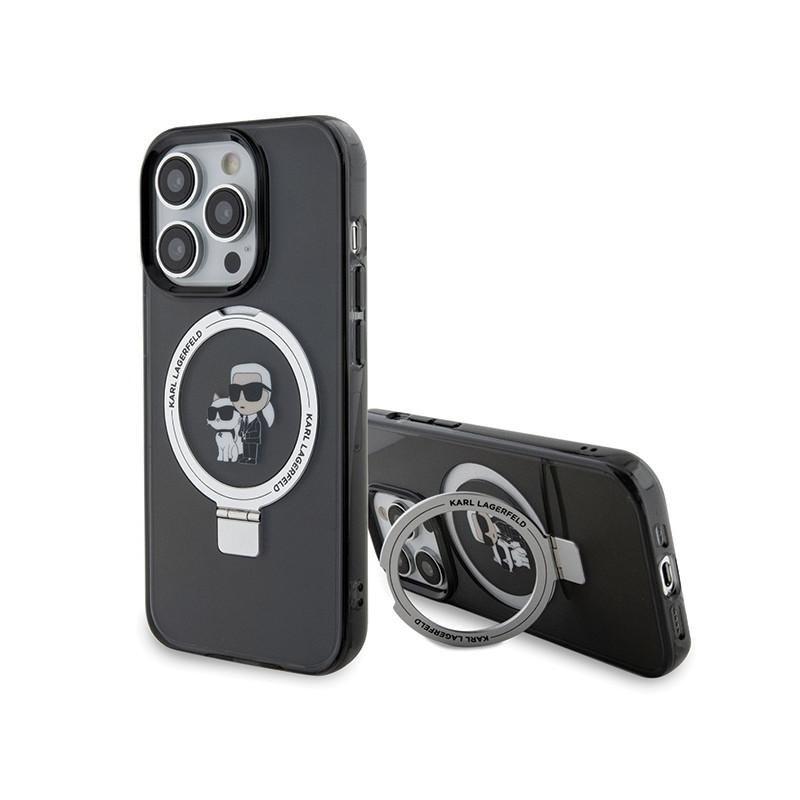 Karl Lagerfeld Ring Stand Karl&Choupette MagSafe dėklas iPhone 13 Pro - juodas