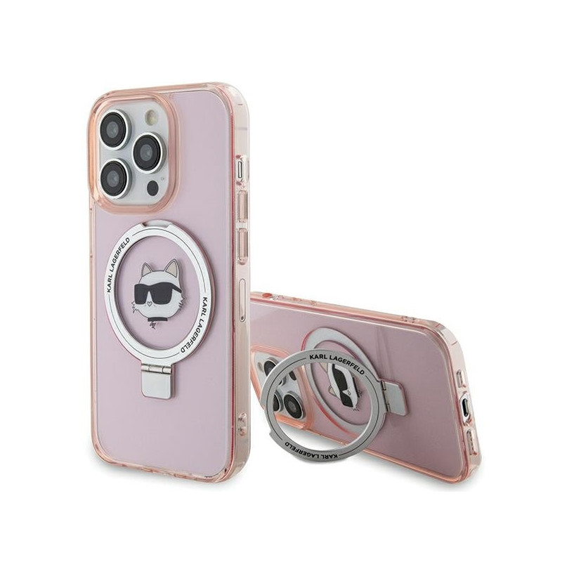 Karl Lagerfeld Ring Stand Choupette Head MagSafe dėklas iPhone 15 Pro - rožinis