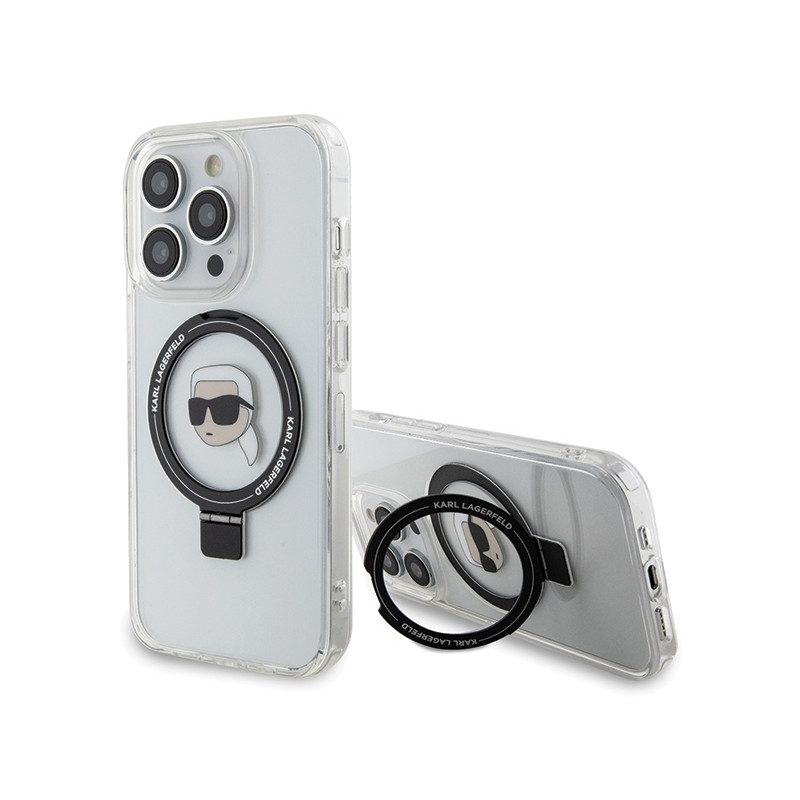 Karl Lagerfeld žiedinis stovas Karl Head MagSafe dėklas iPhone 15 Pro - baltas