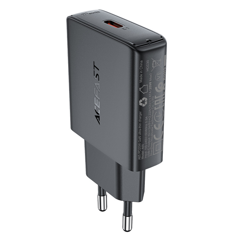 Acefast A65 PD 20W GaN USB-C itin plonas sieninis įkroviklis – juodas