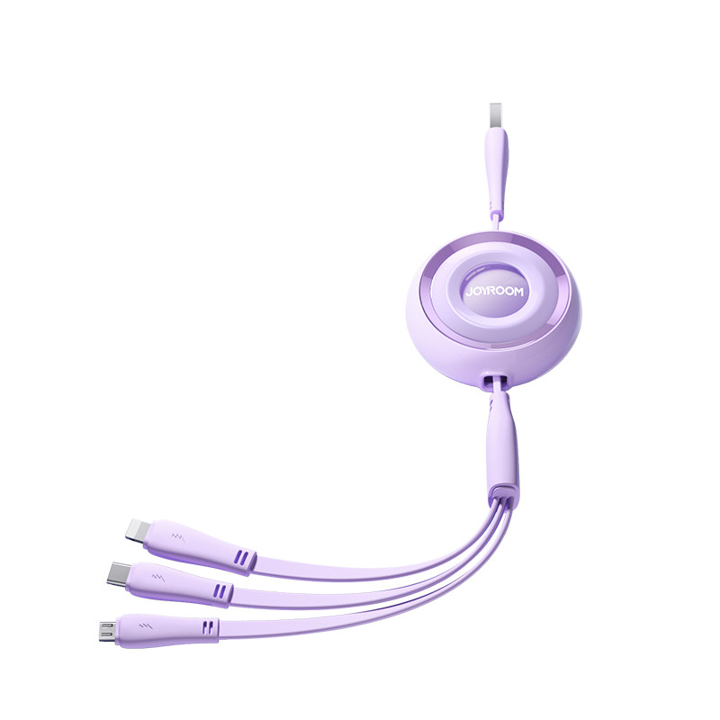 Joyroom Colorful Series S-A40 ištraukiamas 3in1 USB-A - USB-C / Lightning / mikro USB laidas 1m - violetinė