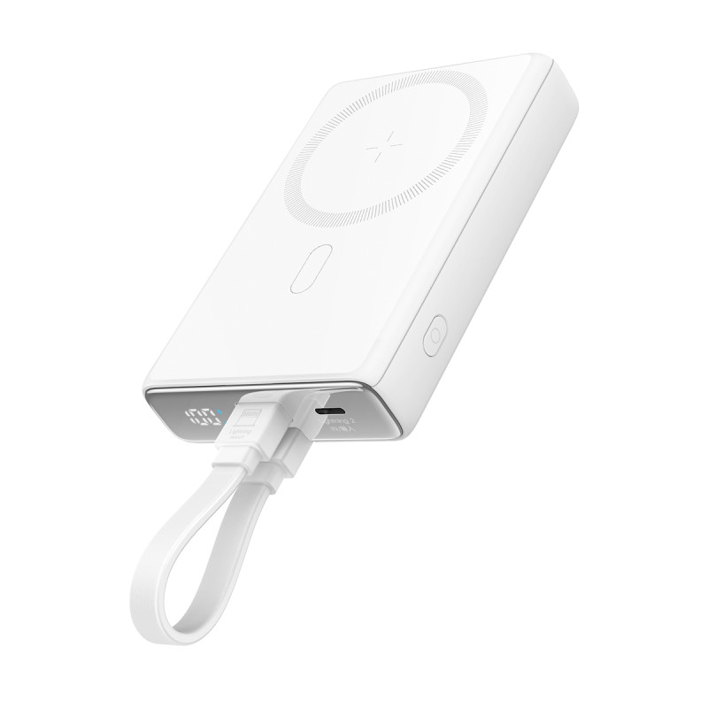Joyroom JR-PBM01 magnetinis maitinimo blokas 10000mAh 20W su stovu + Lightning laidas - USB-C - balta
