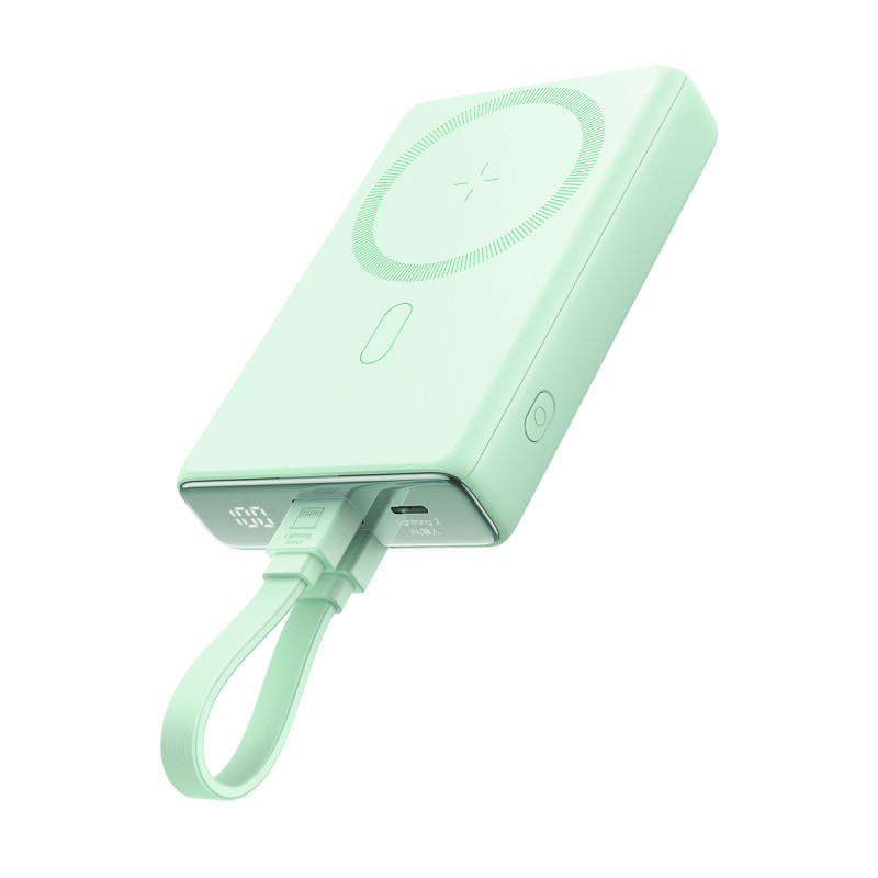 Powerbank Joyroom JR-PBM01 magnetinis 10000mAh 20W su stovu + Lightning laidas - USB-C - žalias