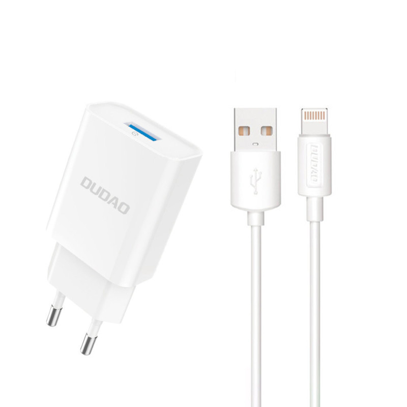 Dudao A4EU USB-A 2.1A sieninis įkroviklis - baltas + USB-A - Lightning laidas