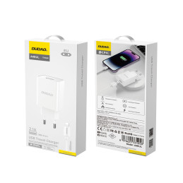 Dudao A4EU USB-A 2.1A sieninis įkroviklis - baltas + USB-A - Lightning laidas