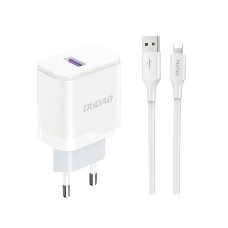 Dudao A20EU USB-A 18W tinklo įkroviklis - baltas + USB-A - Lightning laidas