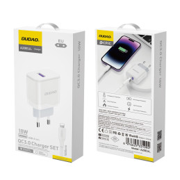 Dudao A20EU USB-A 18W tinklo įkroviklis - baltas + USB-A - Lightning laidas
