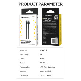 Wozinsky WNBCL2 Lightning / USB-C PD 30W laidas 2 m - juodas