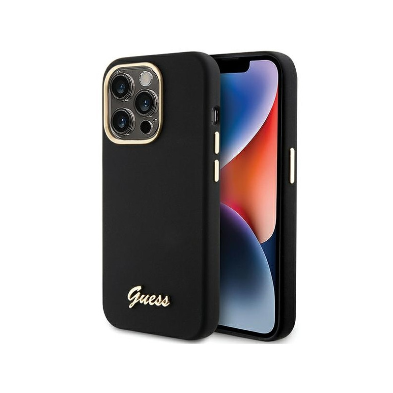 Guess Silicone Script Metal Logo & Frame dėklas iPhone 15 Pro - juodas