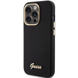 Guess Silicone Script Metal Logo & Frame dėklas iPhone 15 Pro - juodas