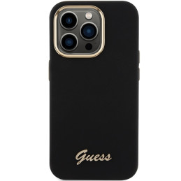 Guess Silicone Script Metal Logo & Frame dėklas iPhone 15 Pro - juodas