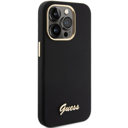 Guess Silicone Script Metal Logo & Frame dėklas iPhone 15 Pro - juodas