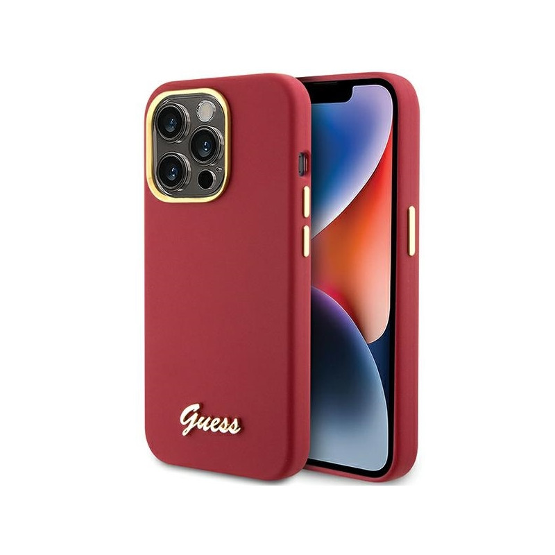 Guess Silicone Script metalinis logotipas ir rėmelis iPhone 15 Pro - raudonas