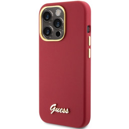 Guess Silicone Script metalinis logotipas ir rėmelis iPhone 15 Pro - raudonas